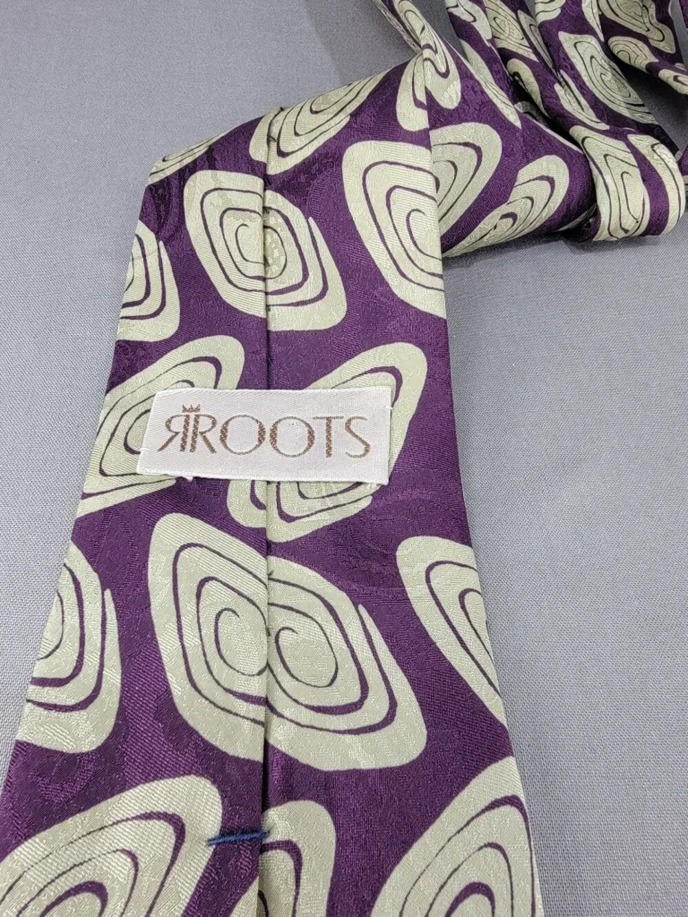 Vtg Roots Silk Necktie Tie Mens Burgundy Gray Abstract Print Hand Made